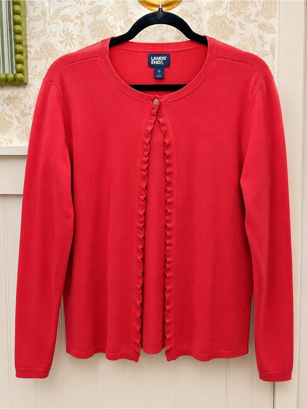 Lands' End Women's Coral-Red Ruffle-Trim Cardigan